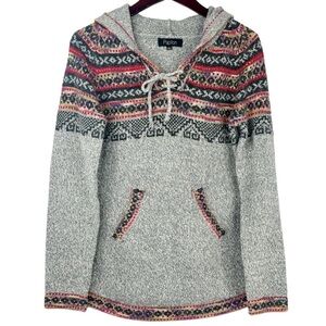 Papillon Grey Fair Isle Pattern Knit Long Sleeve Kangaroo Pocket Hoodie L